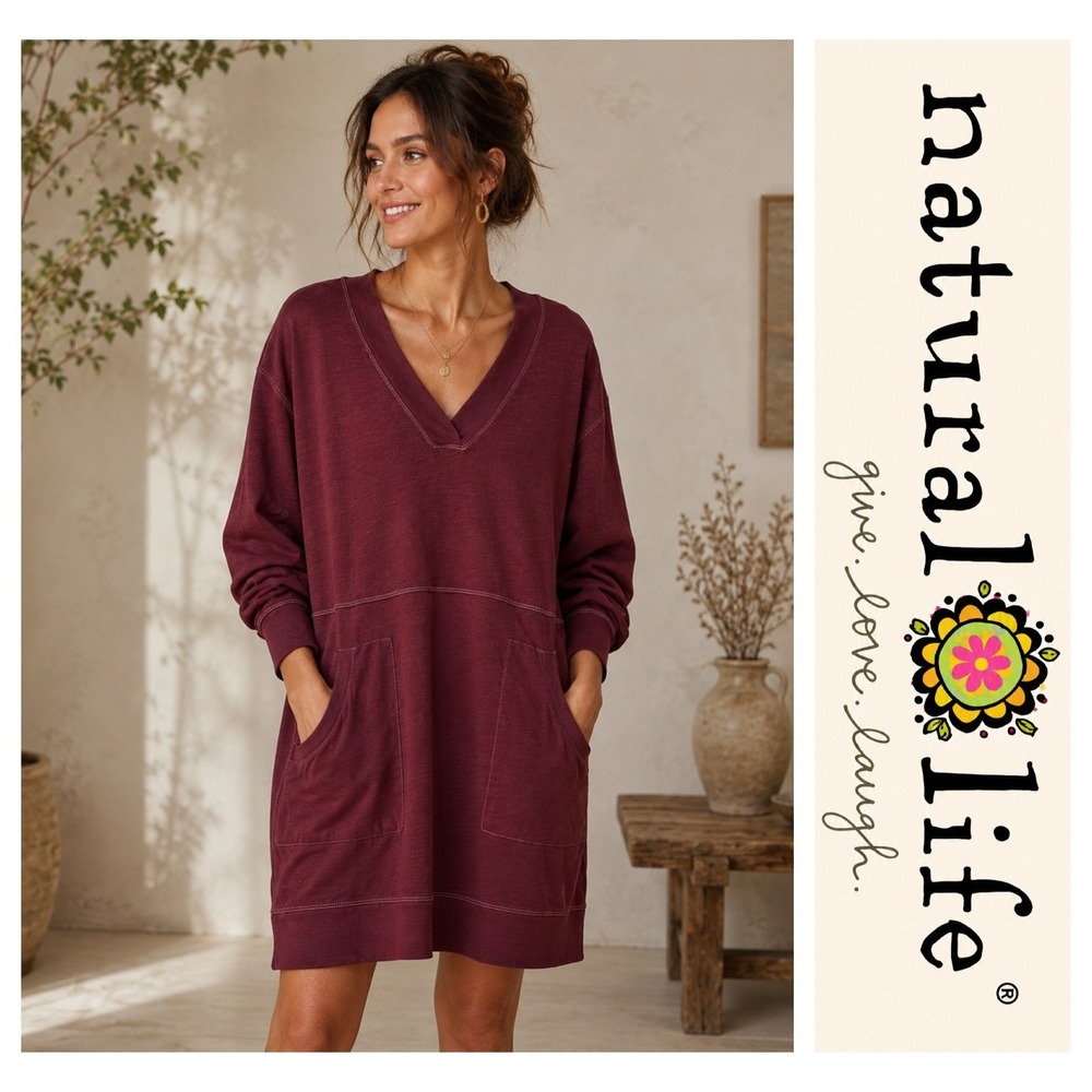 Natural Life Black Long Sleeve V-Neck Oversized Tunic Mini Charlie Dress L